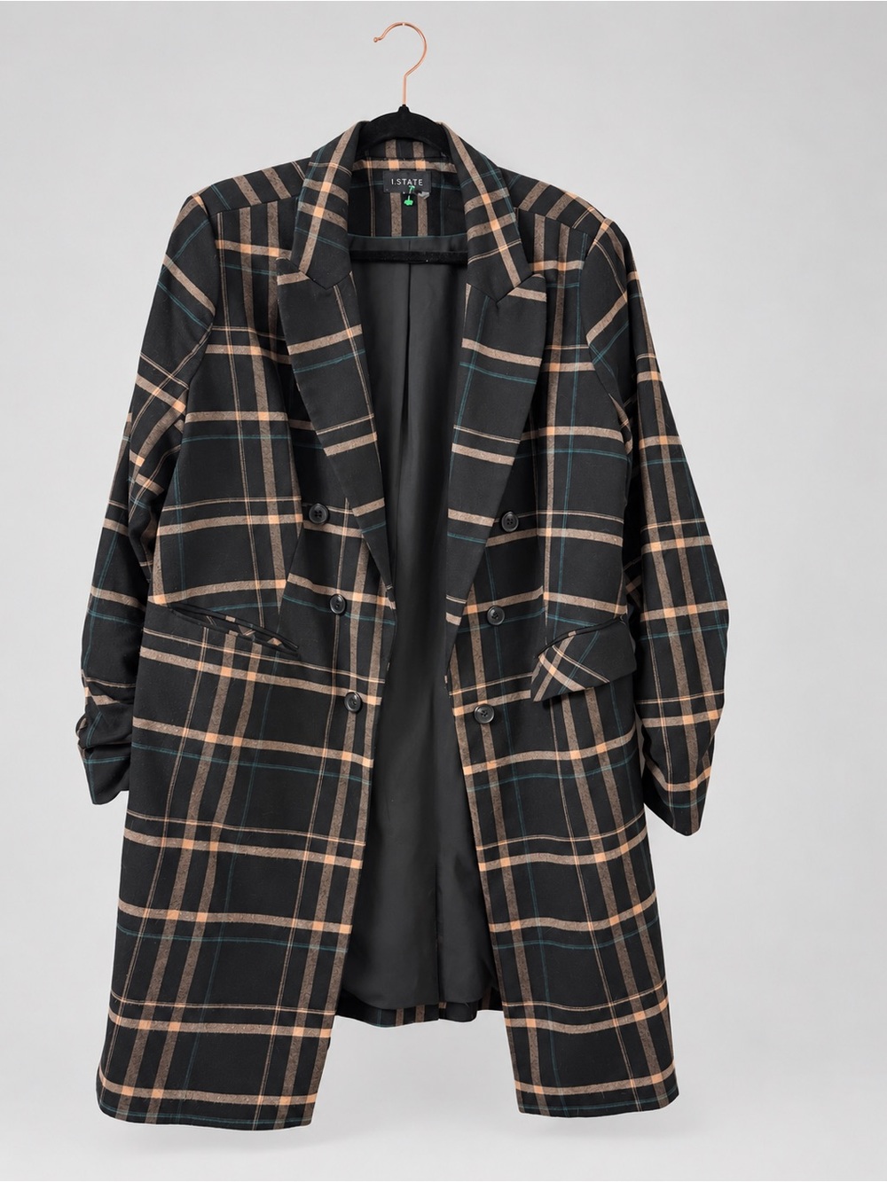 1. State Black Plaid Double-Breasted Trench Coat with Tan & Teal Stripes